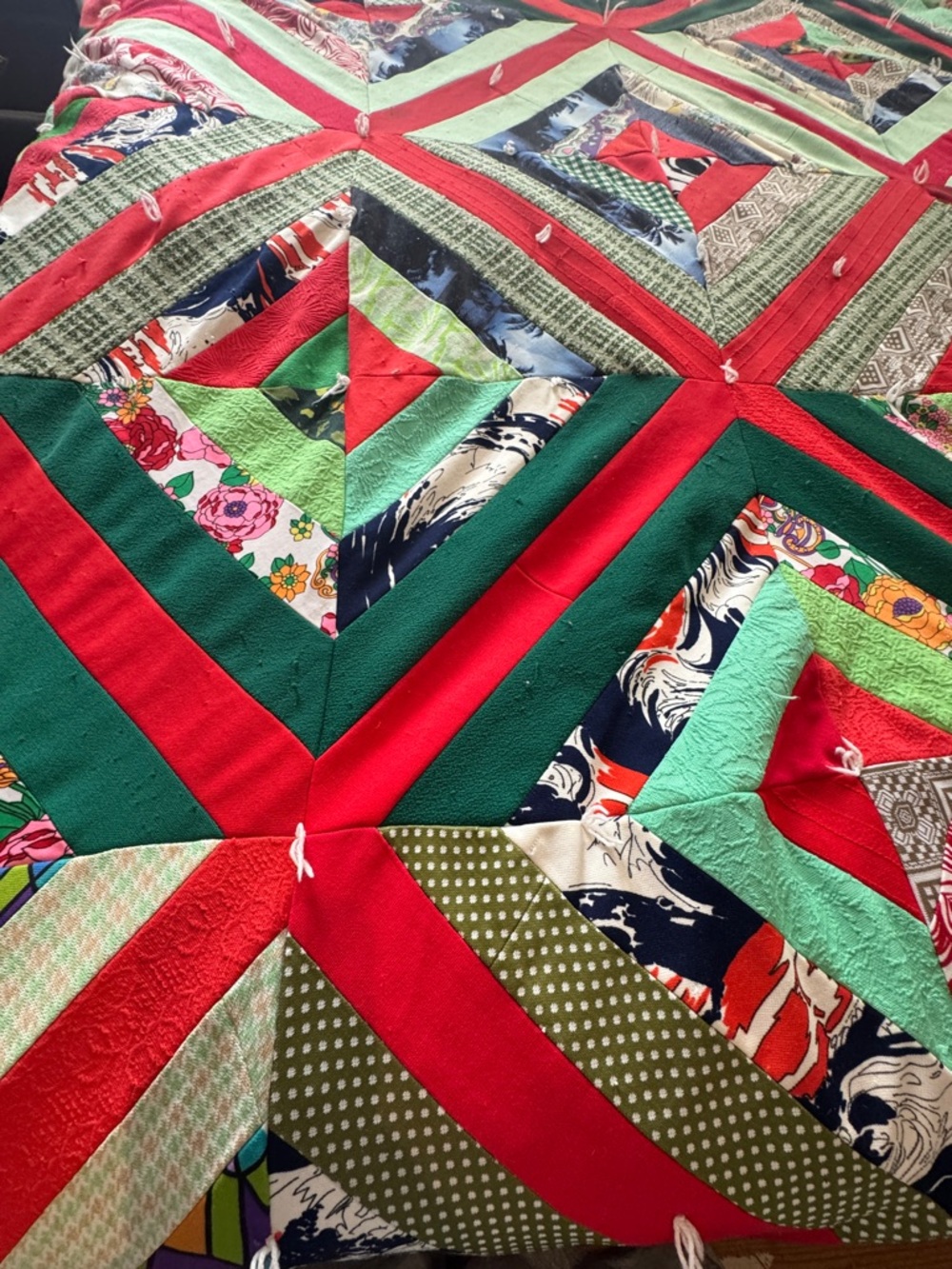 72” x 87” Vintage Handmade Patchwork Quilt – Log Cabin / Scrappy Design - Picture 2 of 14